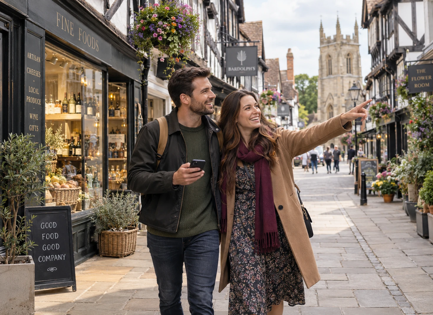 Couple discovering Stratford-upon-Avon on a Mystery Picnic walking date