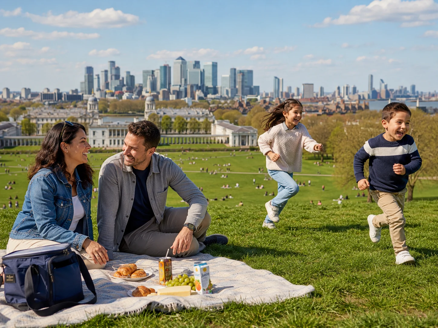 Family picnic on Primrose Hill for an outdoor family activity with London skyline views