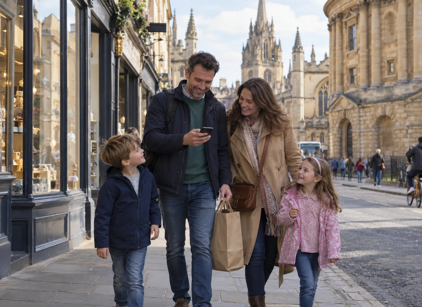 Family exploring Oxford together on a Mystery Picnic day out