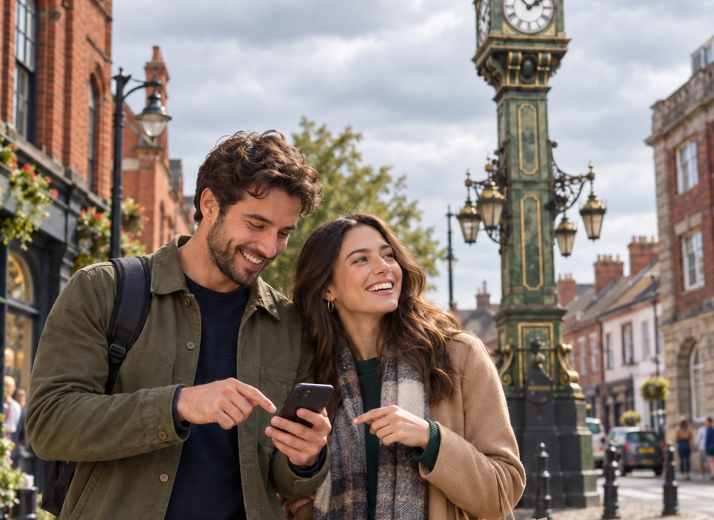 Couple solving clues on a romantic Birmingham Mystery Picnic day out in the Jewellery Quarter