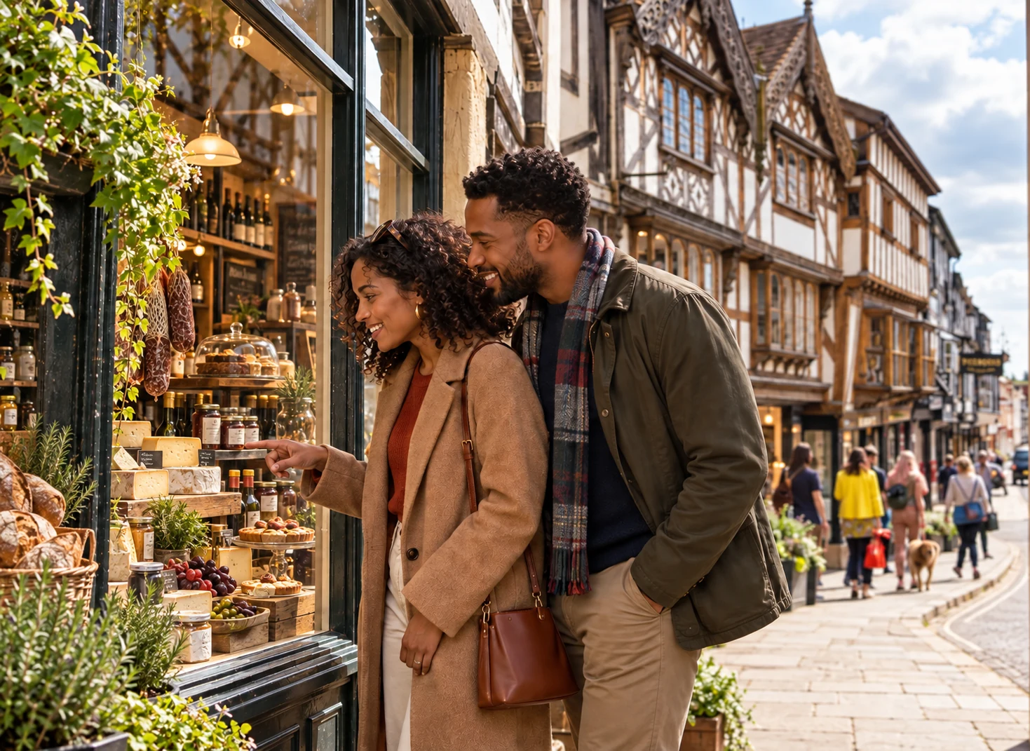 Couple exploring historic Ludlow on a Mystery Picnic, a romantic thing to do in Shropshire