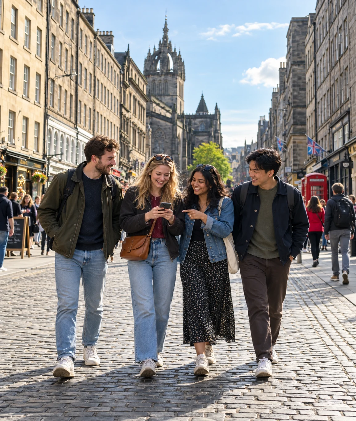 Friends exploring Edinburgh Old Town on a Mystery Picnic walking tour