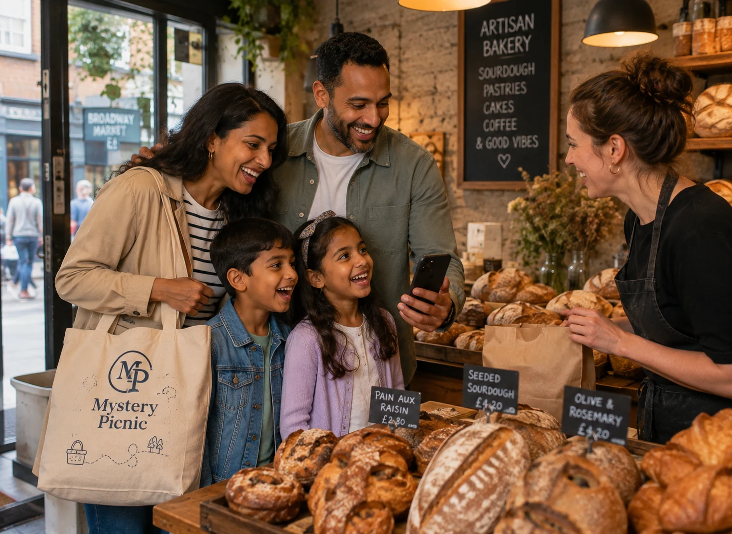 Family collecting local food on a Birmingham Jewellery Quarter Mystery Picnic