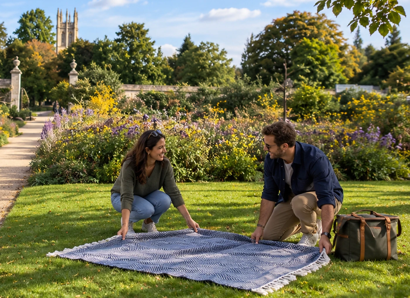 Couple setting up a romantic Mystery Picnic in an Oxford garden