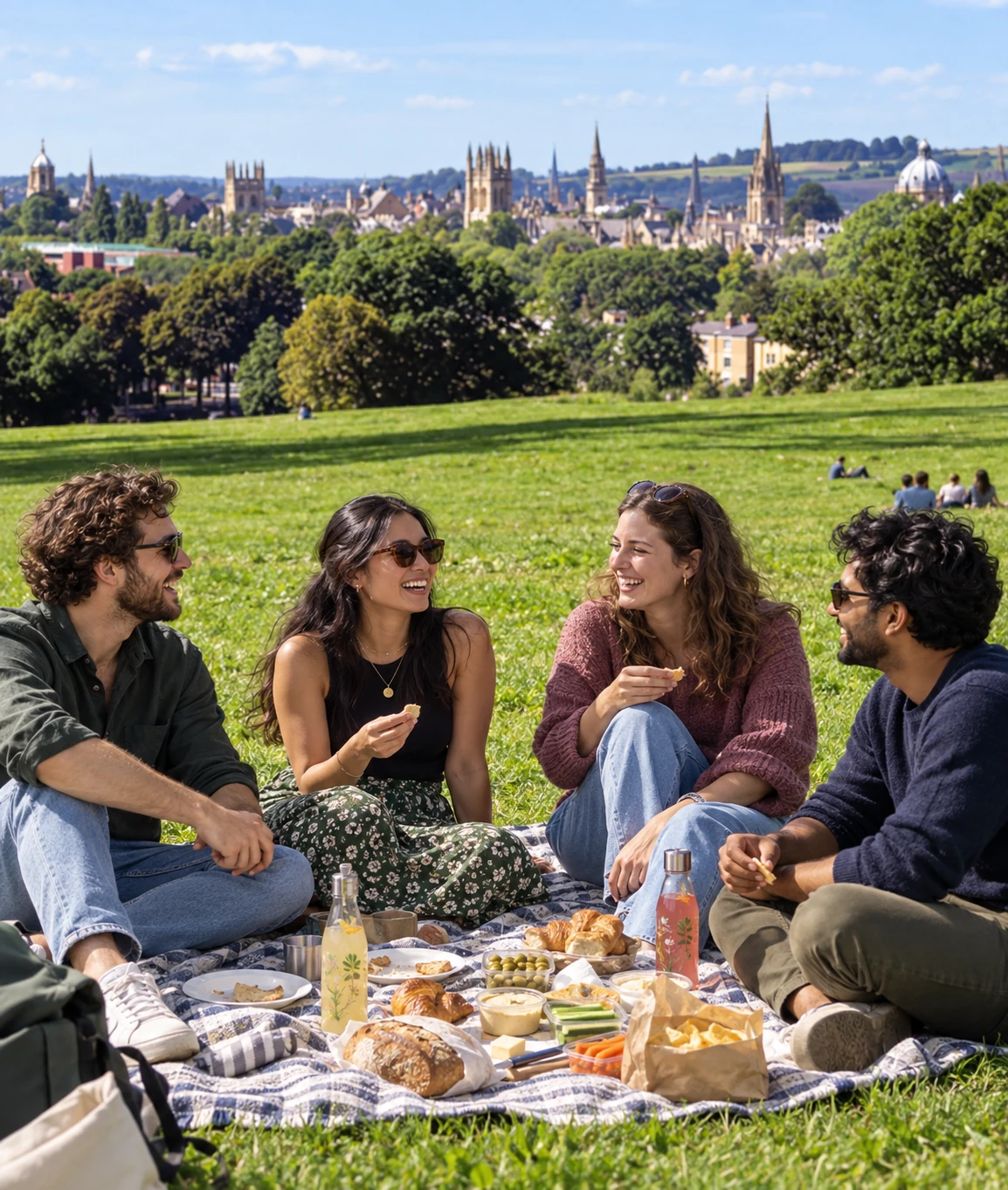 Friends enjoying a Mystery Picnic together in Oxford with city views