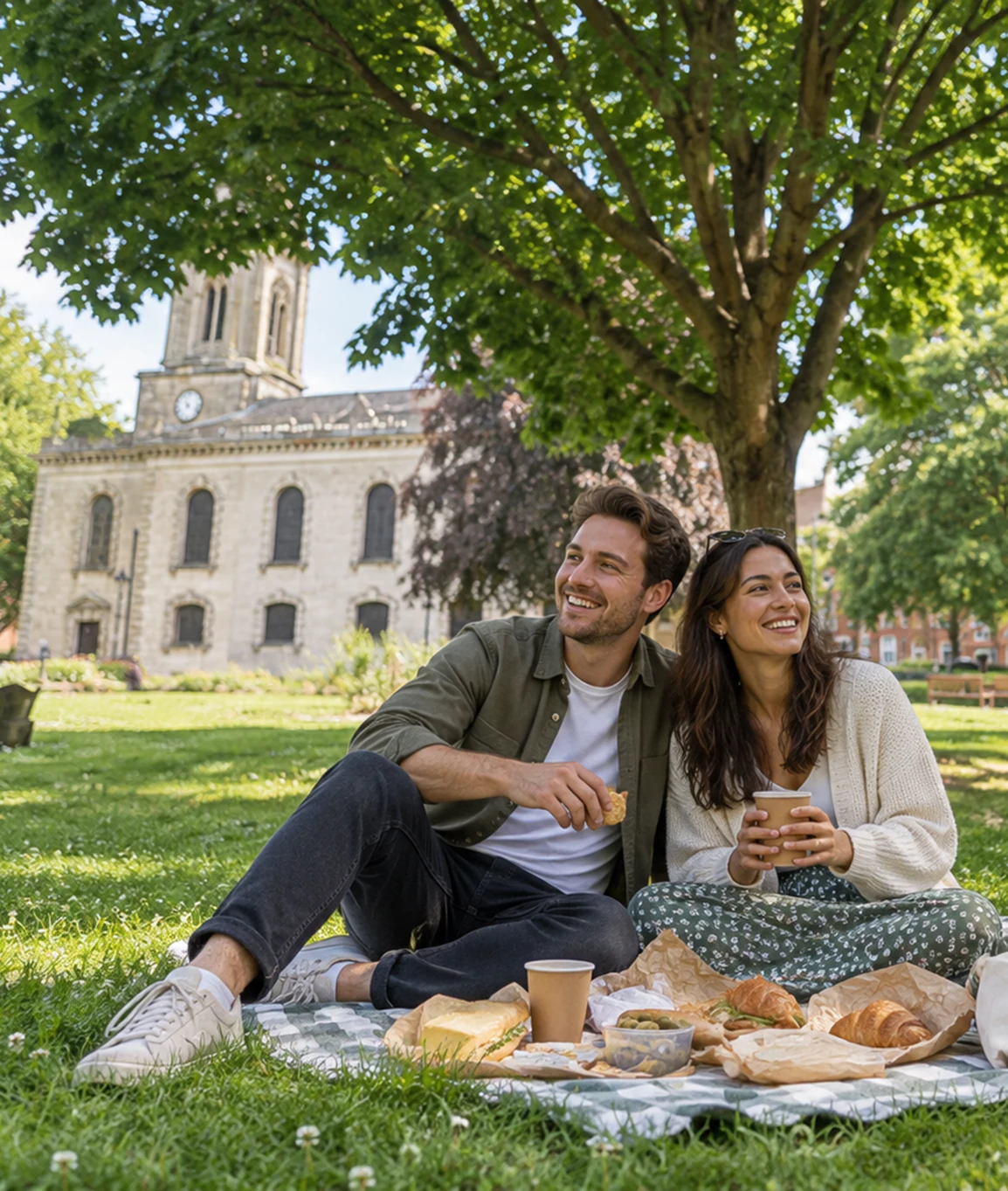 Couple enjoying a romantic Birmingham Mystery Picnic date in the Jewellery Quarter