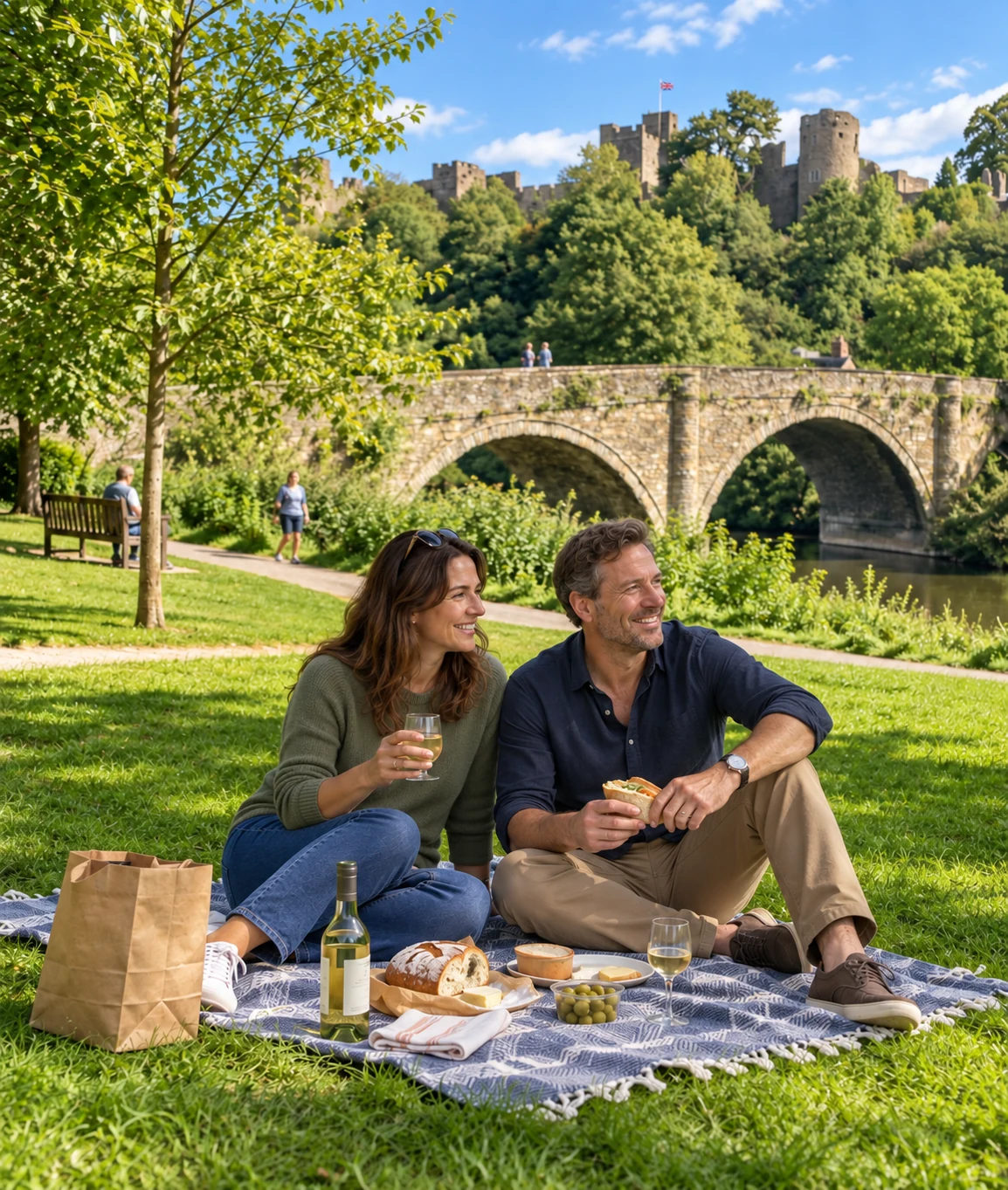 Couple enjoying a romantic Mystery Picnic date in historic Ludlow, Shropshire