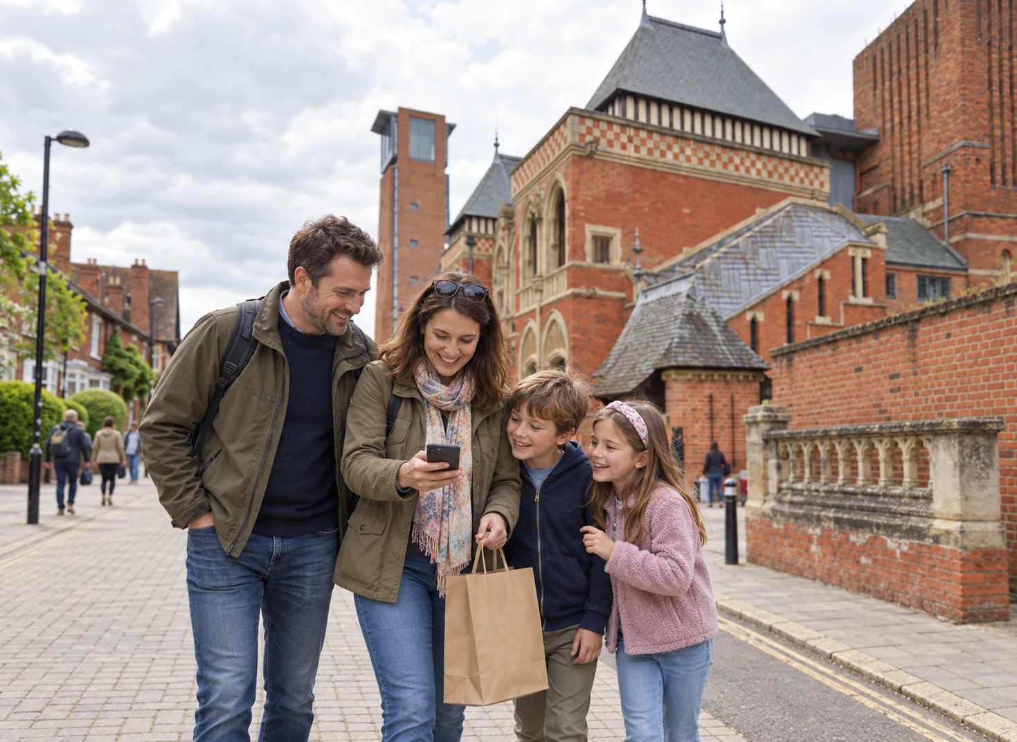 Family exploring Shakespeare sights on a Mystery Picnic in Stratford-upon-Avon