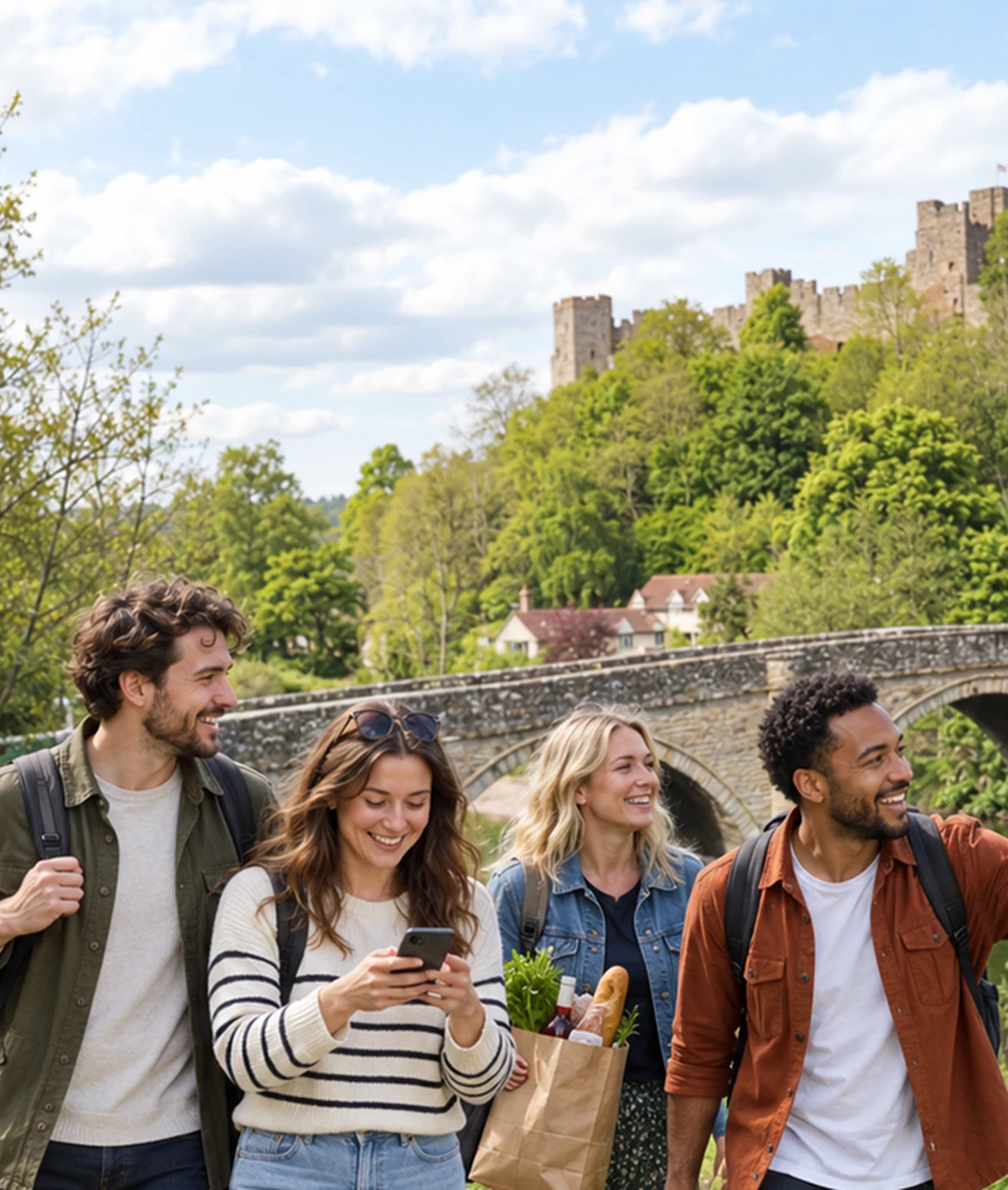 Friends exploring Ludlow on a Mystery Picnic, a fun group activity in Shropshire