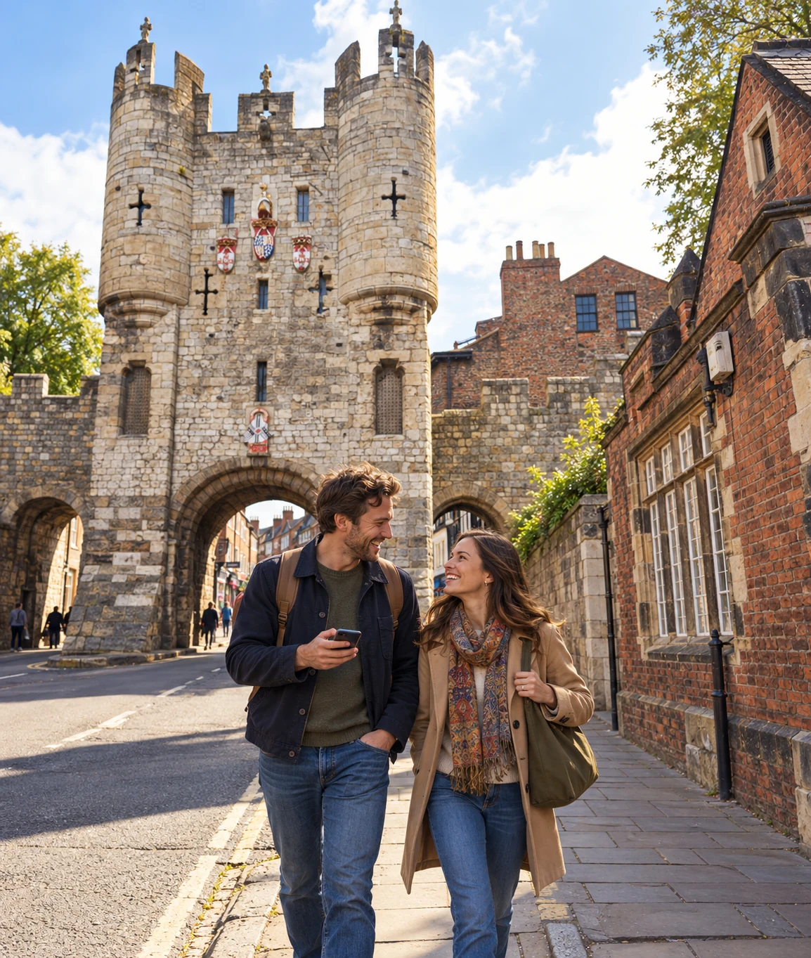 Couple exploring historic York on a romantic Mystery Picnic date