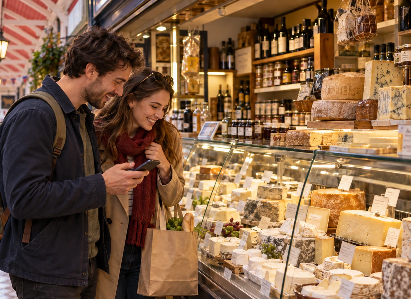 Couple discovering local food on an Oxford Mystery Picnic in the Covered Market