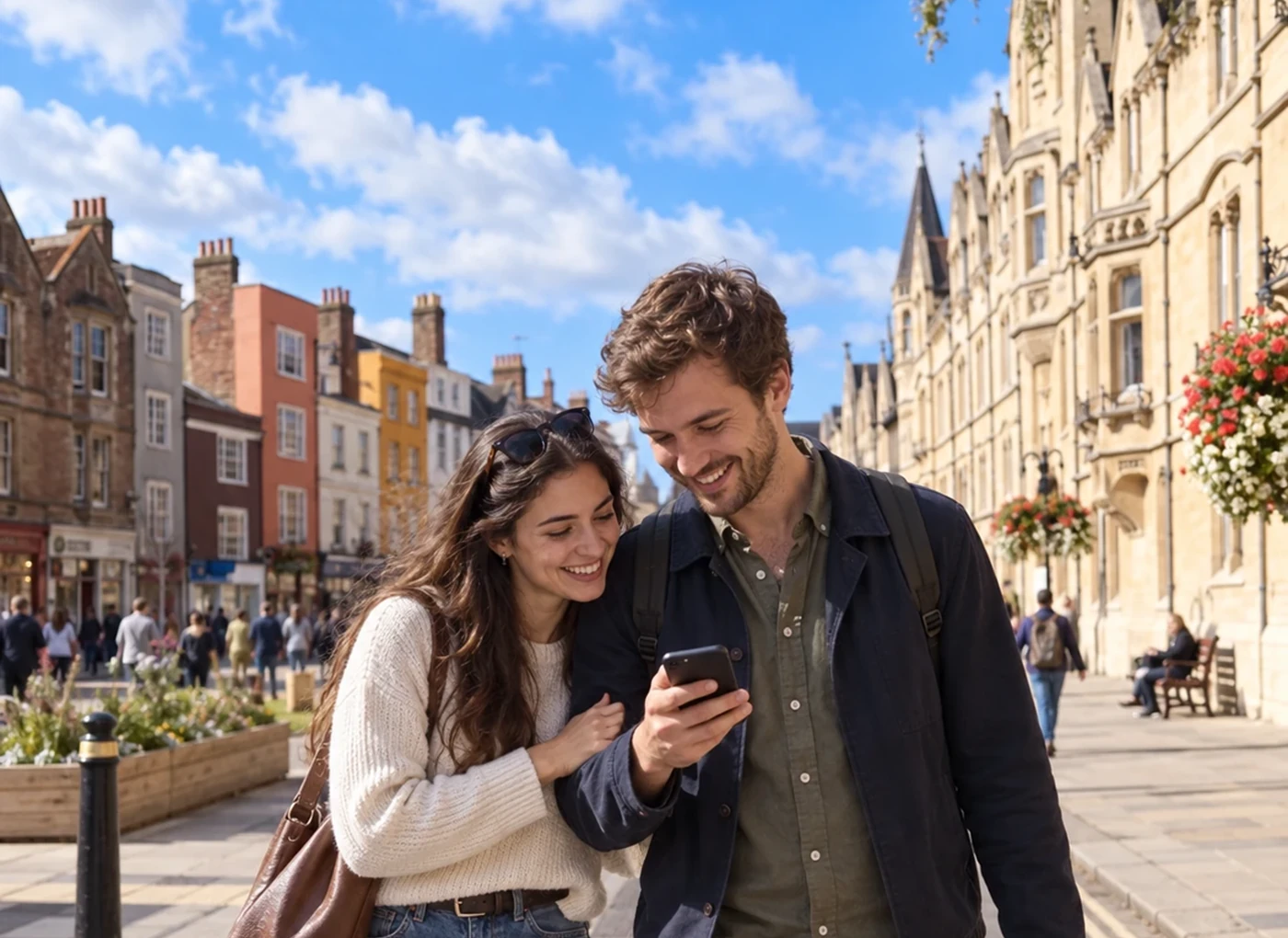 Couple following clues on a walking Mystery Picnic for two in Oxford