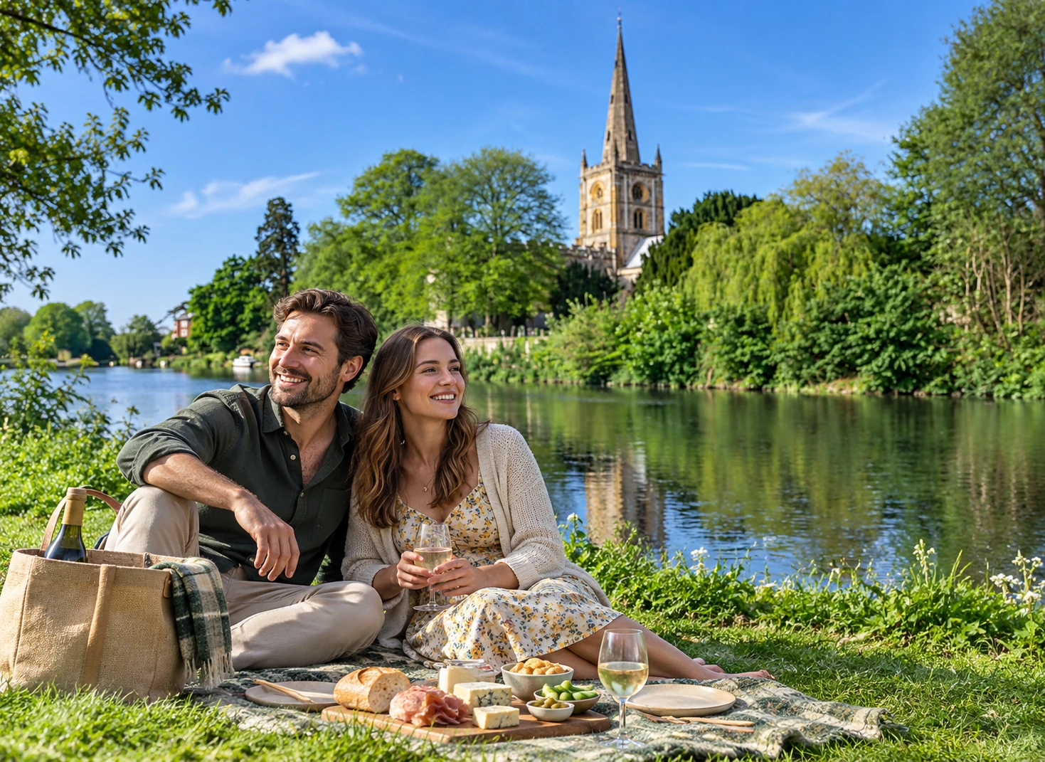 Couple enjoying a romantic Mystery Picnic beside the River Avon in Stratford-upon-Avon