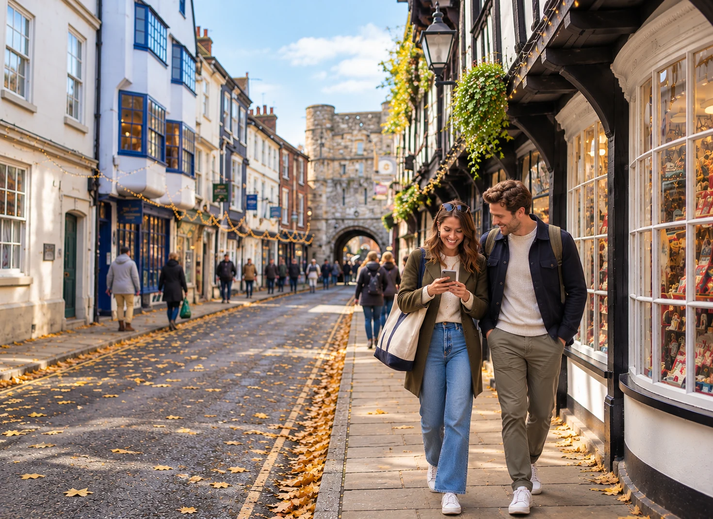 Couple solving clues together on a Mystery Picnic in York
