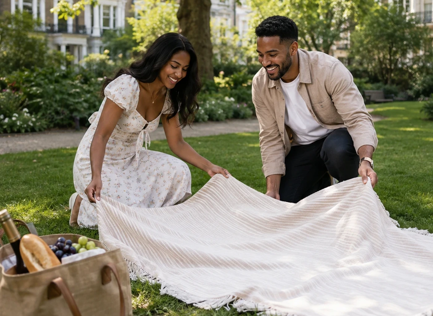 Couple spreading out a picnic blanket for a romantic Mystery Picnic in Belfast