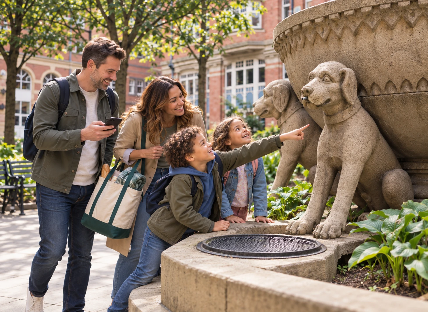 Family exploring Leeds City Centre on a Mystery Picnic day out