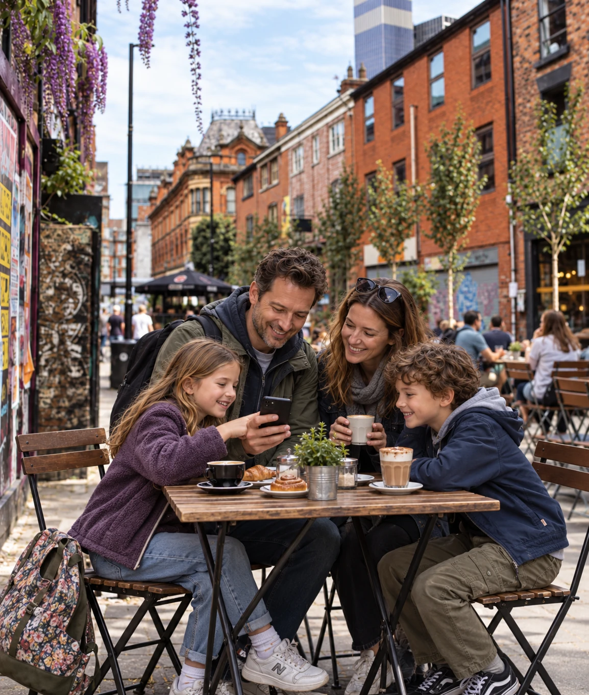 Family solving clues on a Manchester Northern Quarter Mystery Picnic day out