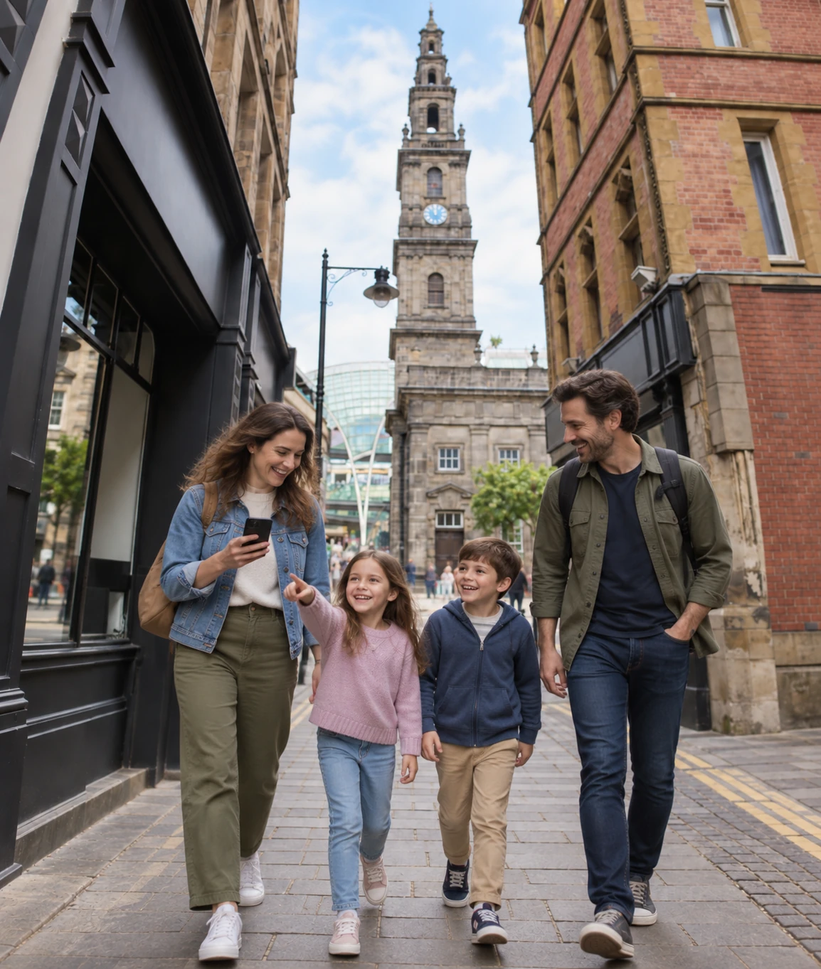 Family exploring Leeds City Centre on a Mystery Picnic day out