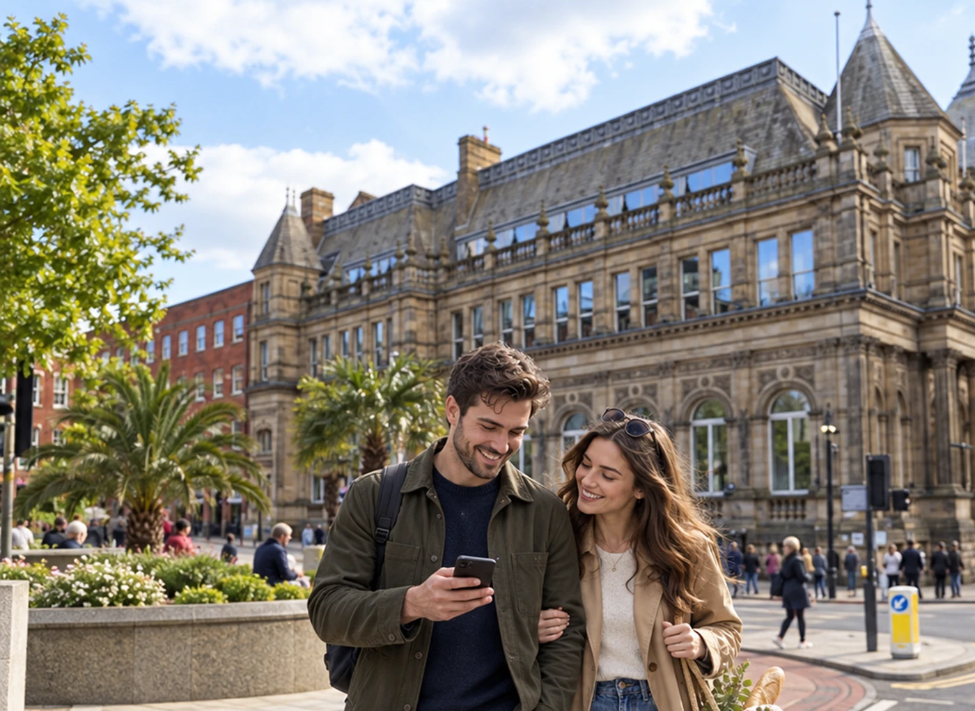 Couple exploring Leeds City Centre on a Mystery Picnic walking tour