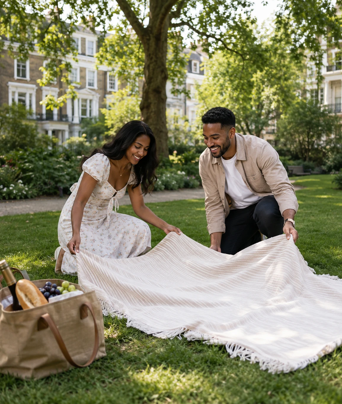 Couple laying out their Mystery Picnic blanket in Marylebone