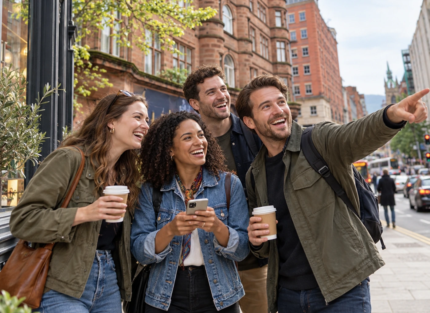 Friends exploring Belfast city centre together on a Mystery Picnic day out