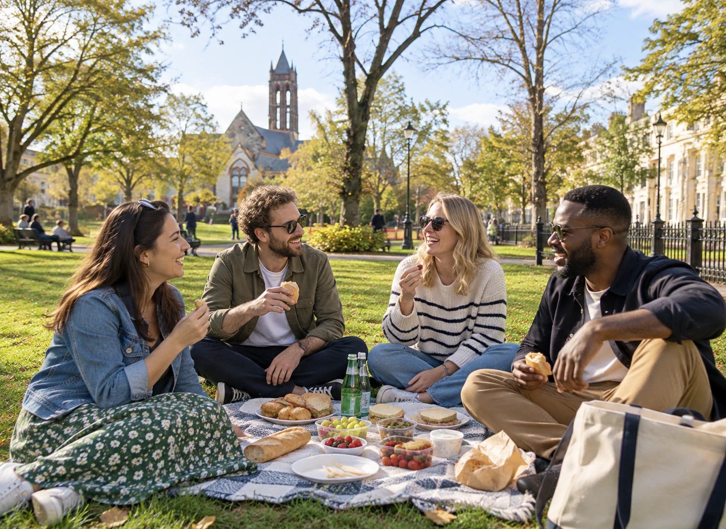 Friends enjoying an outdoor Mystery Picnic together on a Belfast day out