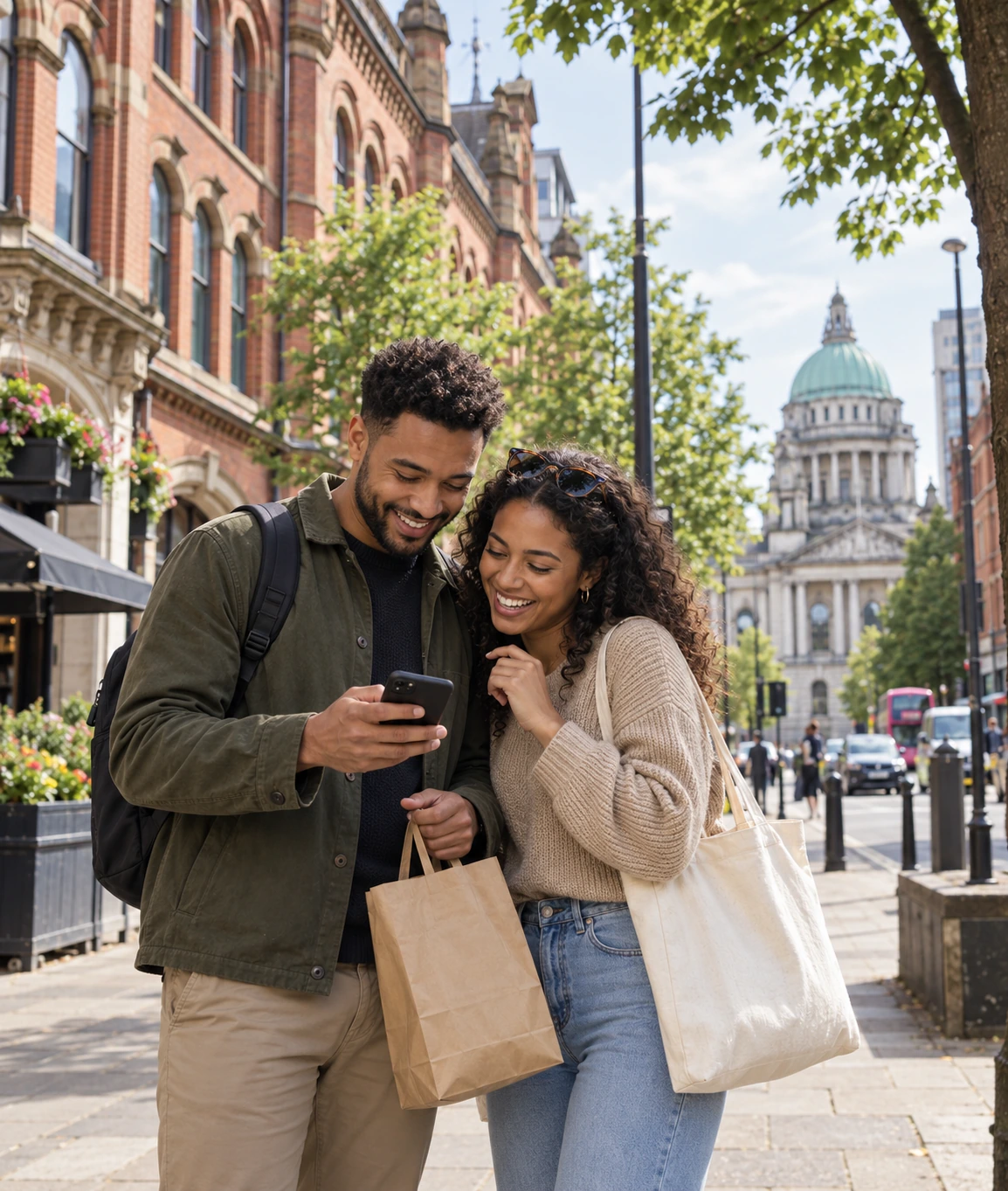 Couple solving Mystery Picnic clues on a romantic Belfast day out in the Linen Quarter