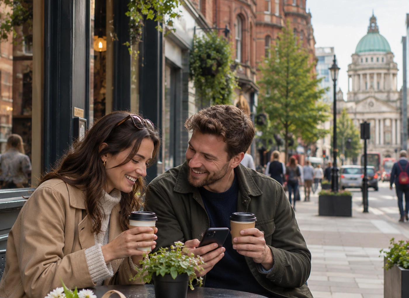 Couple solving Mystery Picnic clues on a romantic Belfast date in the Linen Quarter