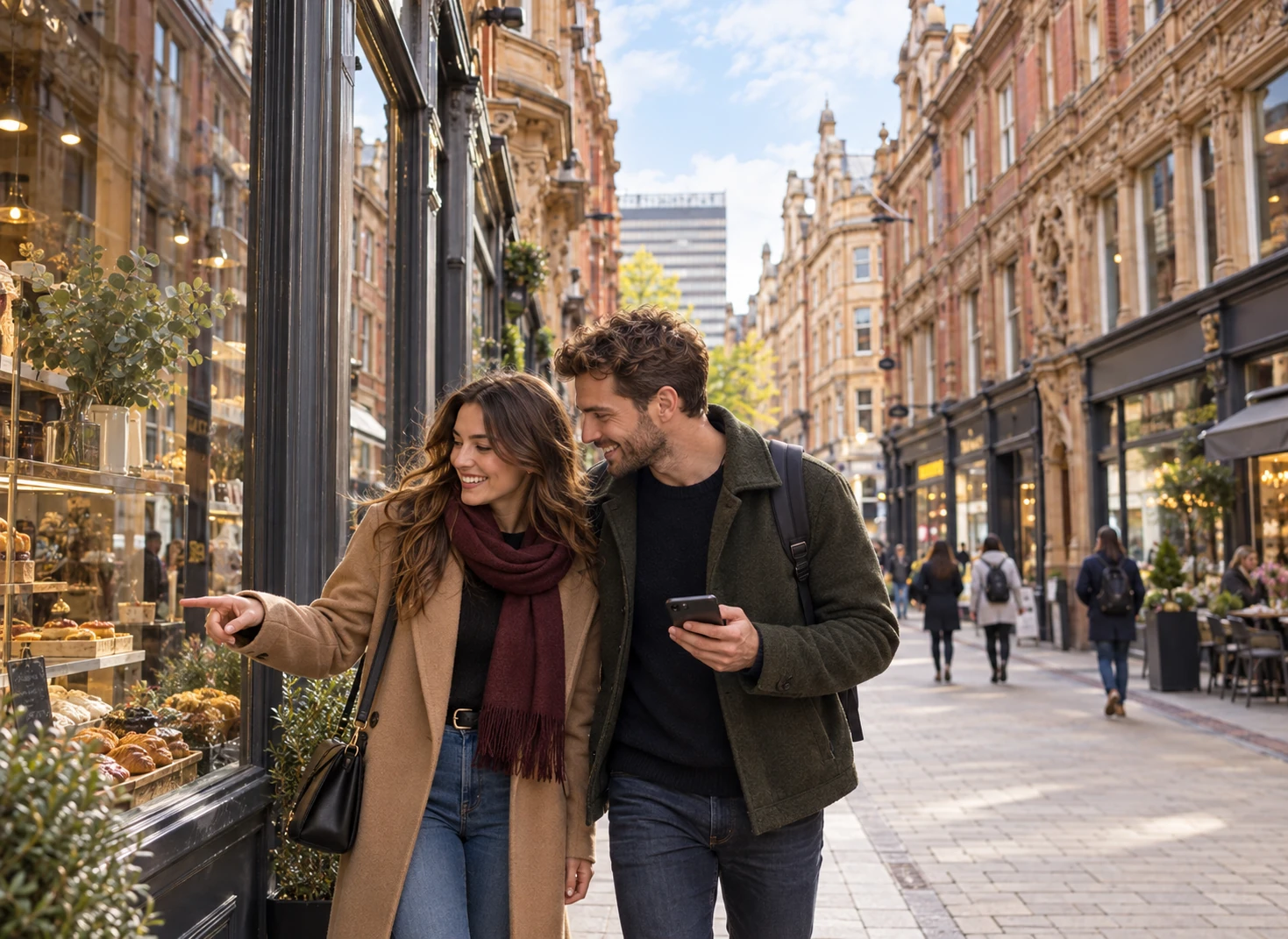 Couple exploring Leeds together on a romantic Mystery Picnic date