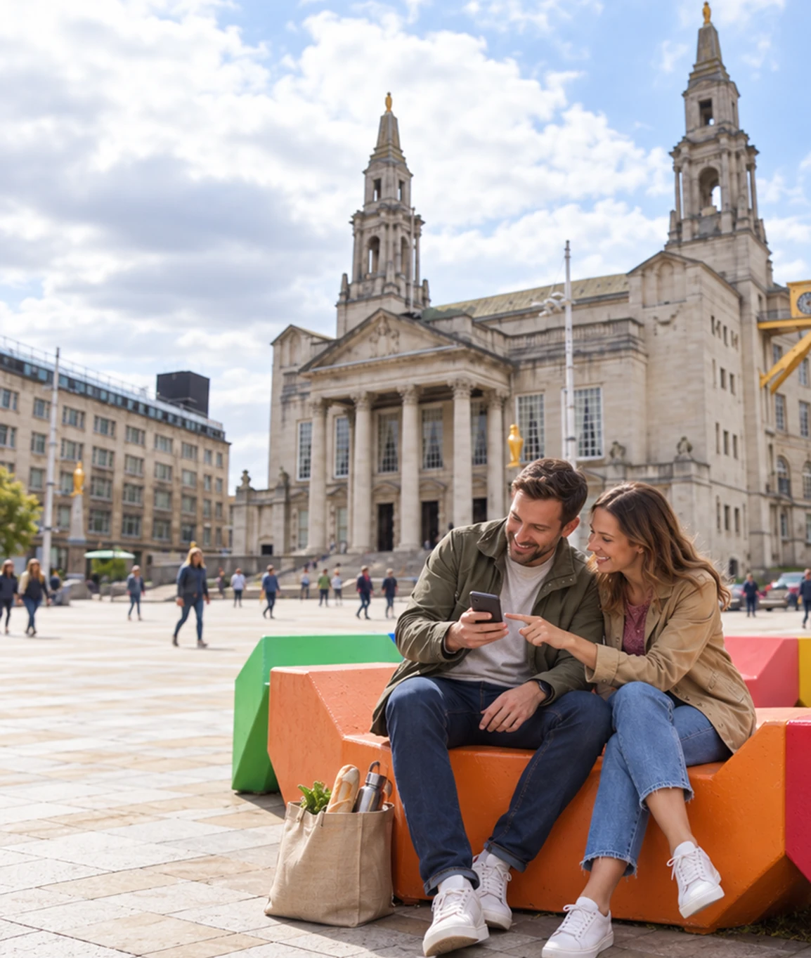 Couple exploring Leeds City Centre on a romantic Mystery Picnic date