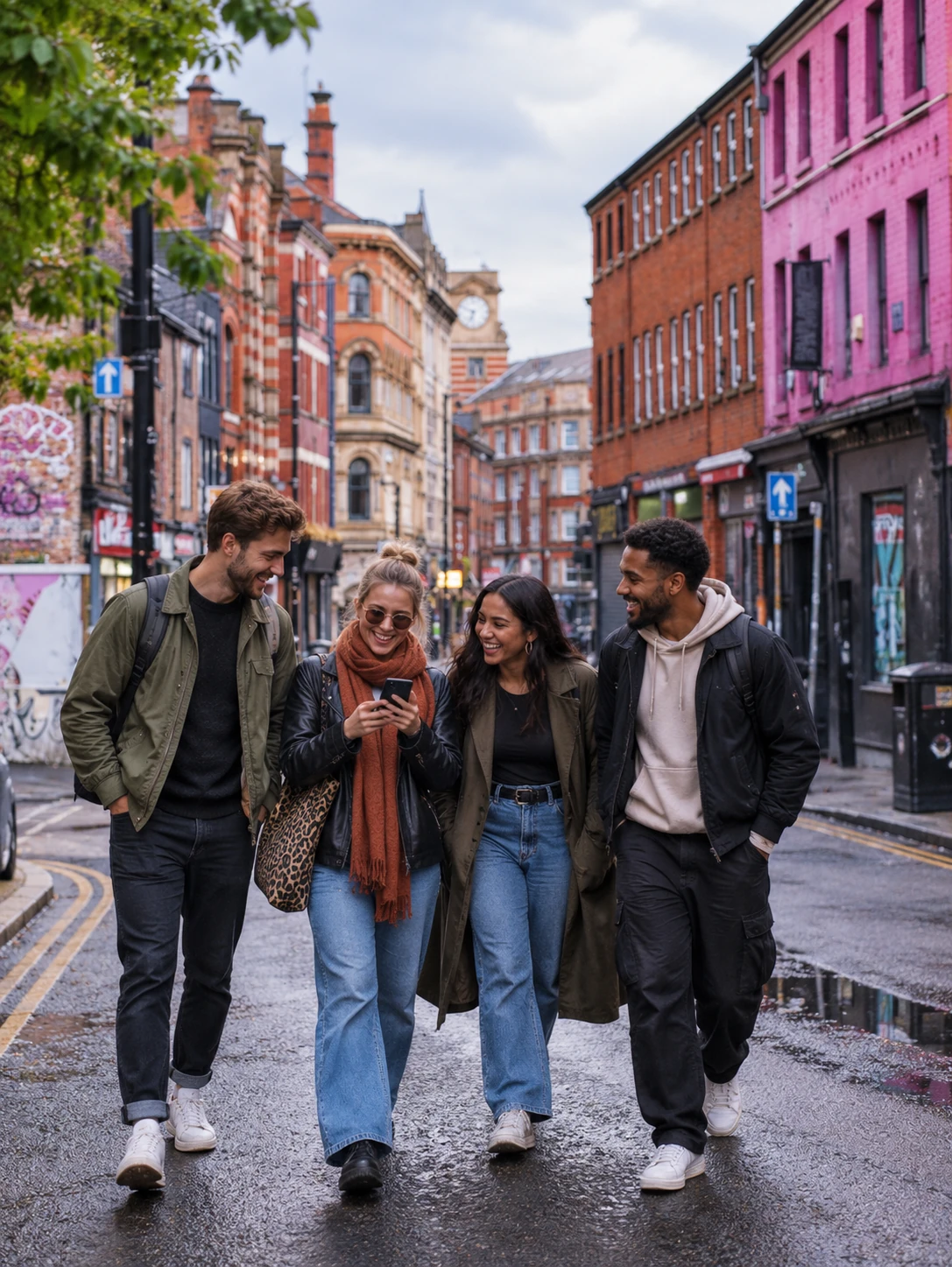 Friends exploring Manchester Northern Quarter on a Mystery Picnic city day out